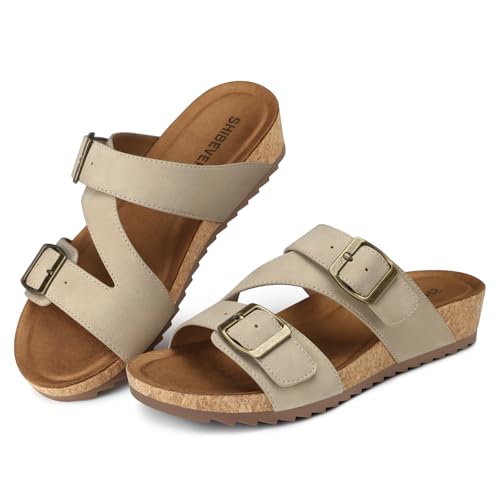 Image of SHIBEVER Comfortable Slides Sandals for Women: Wedge Adjustable Buckle Slip on Slide - Arch Support Open Toe Woman Sandal