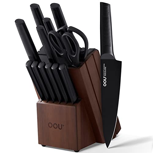 Kitchen Knife Set with Block, 15 Pieces High Carbon Stainless Steel Knife Block Set, Professional Chef Knife Set with Built-in Sharpener, Ergonomic Handle