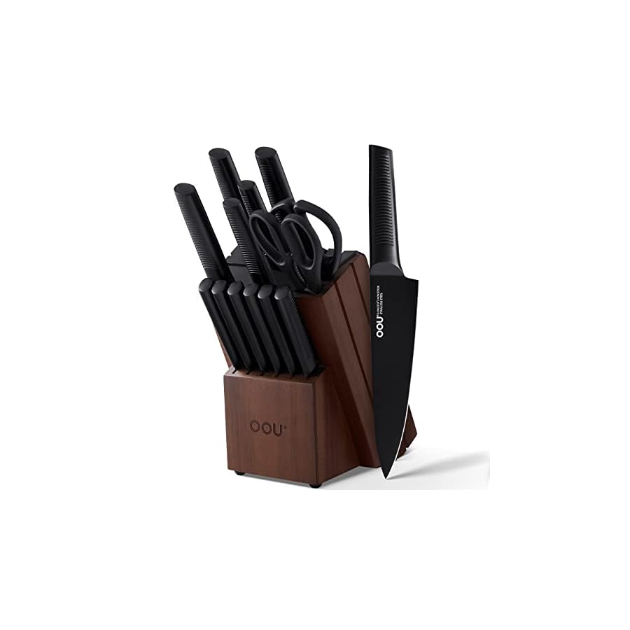 OOU Kitchen Knife Set - 15 Pcs High Carbon Stainless Steel Chef Knife Sets, Dishwasher Safe Black Knives Block Set With Built in Sharpener, Best Christmas Gifts for Men Women