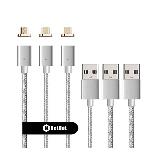Netdot 3Pack Gen7 3.3Feet Micro USB Nylon Braided Magnetic Charging Cable Compatible with Android Device(3.3 Feet Micro USB/3 Pack Silver)