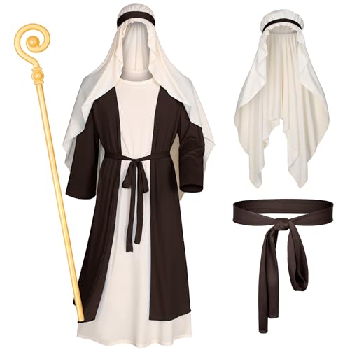 Irtysh Mens Biblical Saint Joseph Costume Jesus Robe Sherherd Costume Staffs Headwrap Hat Waist Rope Set(Brown M) by Irtysh - Used condition - US$24.49