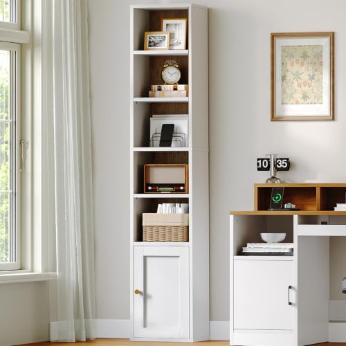 RALGEND 6-Tier Tall Narrow Bookshelf with Door, DVD Media Tower Rack