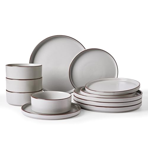 Halo Plates and Bowls Set, 12 Pieces Dinner Set for 4, Stoneware Dinnerware Sets with Dinner Plates/Salad Plate/Cereal Bowls, Dishwasher & Microwave Safe, Light Gray