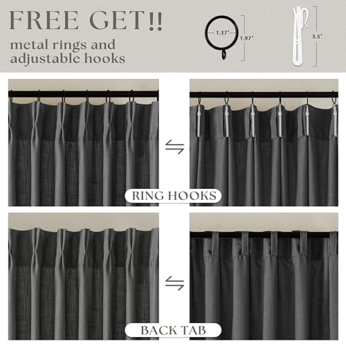 Image of Dark Grey Linen Pinch Pleated Curtains 102 Inches Long for Living Room Pleated Drapes Hooks Back Tab Thick Linen Textured Modern Farmhouse Charcoal Simple Gray 102 Inch Curtain for Dining Bedroom