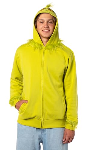 Moletom com capuz masculino Dr Seuss The Grinch Who Stole Christmas Faux Hair Personagem com zíper,