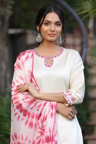 Image of ANNI DESIGNER Women's Cotton Blend Straight Embroidered Kurta with Pant & Dupatta