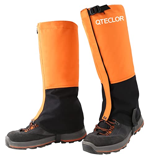 QTECLOR Beingamaschen Wasserdicht Schneestiefel Gamaschen für Schneeschuhwandern, Jagd, Laufen, Motorrad Anti-Tear Oxford Gewebe TPU Ristgürtel Metall Schnürsenkel Haken für Outdoor (Orange, M) Cover