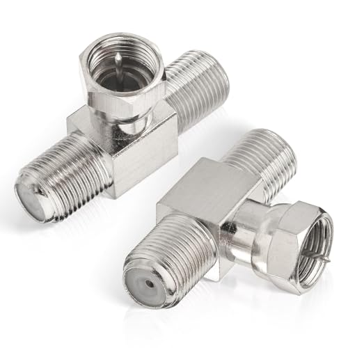 Superbat F-Type Sat TV Coax Cable Connector Splitter 75ohm F Male to Dual Female 3 Way T Shape 2 in 1 out Antenna Combiner for Cable Box/Modem, Satellite Receiver, Off-air Antenna 2Pcs