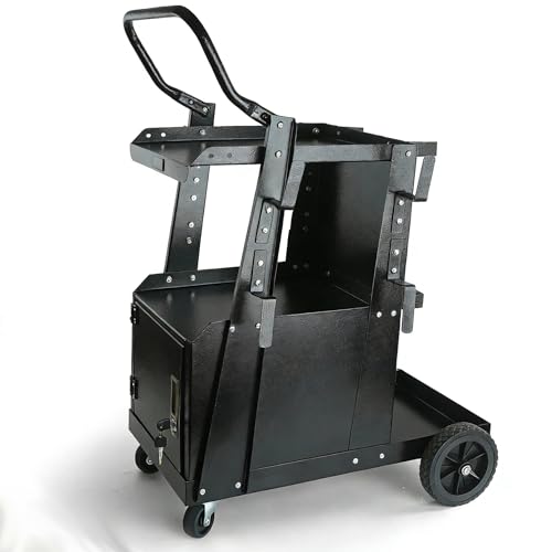 Image of Welding Cart, 2-Tier Heavy Duty Welder Cart with 265LBS Load Capacity, Lockable Anti-Theft Cabinet, Dual Cylinder Slots & Safety Chains, 360 Swivel Wheels for TIG /ARC /Plasma Cutters