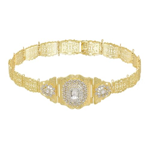 Wvapzxx Chaîne de corps en cristal creux doré avec fleur, chaînes de taille et de ventre, ceinture de robe marocaine algérienne afghane indienne pour mariée, bijoux corporels de mariage, Or G., taille