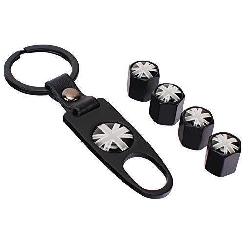TOPKU Mini Cooper White Union Jack British Flag with 4pcs Tire Valve Stem Caps +Keychain Set Accessories Decal Parts Universal for Most Cars, Such as BMW Mini Cooper (White Union Jack)