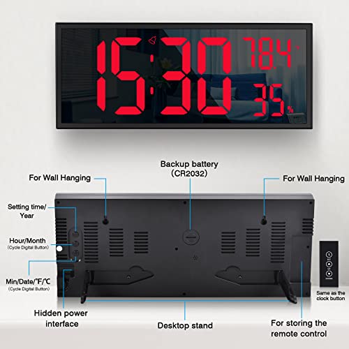 Szelam Digital Wall Clock, 17.1” Digital Clock Large Display With Date And Temperature, Humidity, 3-Level Brightness, Led Wall Clock For Living Room Elderly, With Remote Control- Red #TOP5