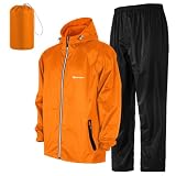SOPPY Regenanzug Regenjacke + Regenhose Damen Herren, Reflektierender Regenanzüge Kapuzenjacke atmungsaktive, wasserdicht Regenjacke Regenhose Rainwear mit Kapuze, Raincoat Orange L