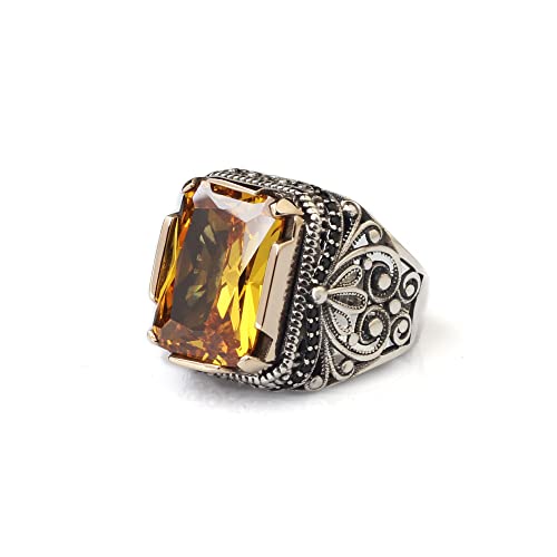 925 Sterling Silver Citrine Stone Men Silver Ring, Citrine Stone Men's Ring, Handmade Engraved Men's Silver Ring, Turkish Silver Ring