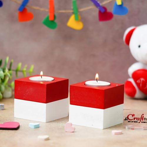 eCraftIndia Square Shape Wooden Tea Light Candle Holders(Red White, Set of 2) | Tea Light Holders for Home Decoration | T Light Candle Holders | Valentine's Day Decoration Items | Valentine Day Gifts