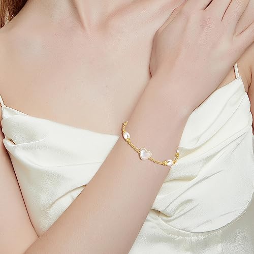 Image of Gold Pearl Bracelet for Women, REAL 14K Gold Plated Double Layered Dainty Pearls Bracelet, Elegant Stackable Flower Jewelry Gift for Her with OT Clasp