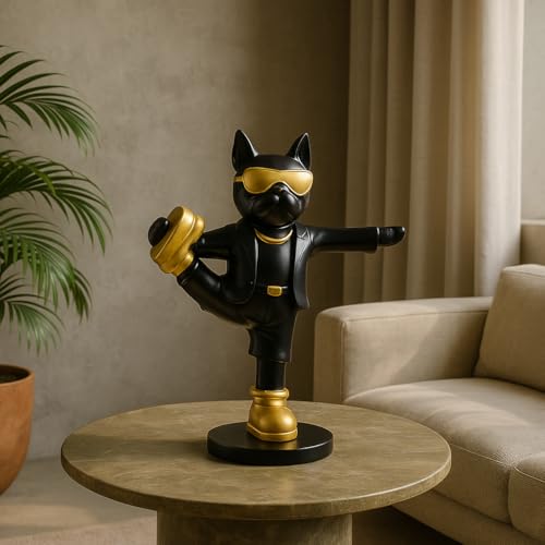 Image of Xtore Fashion Cat Figurine | Black Suit Gold Sunglasses Decor | Unique Home Office Decor | Novelty Statue | Modern Desk Shelf Accessory - Black