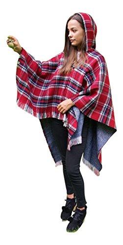 Image of Tartan Design Hooded Poncho Soft Feel Warm Double Sided Traditional