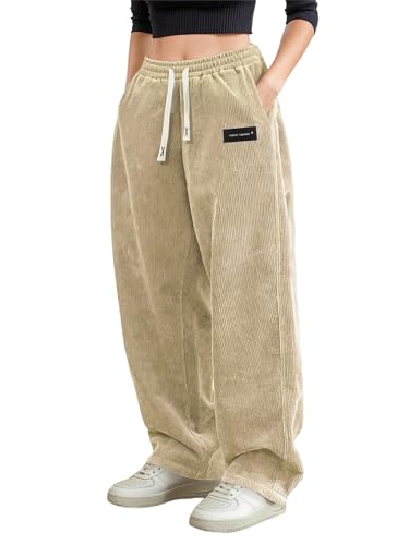 Hidkat Damen Cordhose lässige Bequeme Hose mit weitem Bein elastischem Bund Kordelzug und Mehreren Taschen