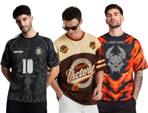 Image of LEOTUDE Men's Fire Flame and Skull Graphic Printed Oversized Polyester