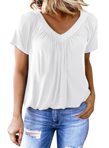Dokotoo Ladies Tops Summer Short Sleeve V Neck Women's T-Shirts Loose Fit Women Tee Shirts Casual Solid Color Oversized Womens Blouses Top White L