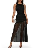 GOKATOSAU Women's Sleeveless Round Neck Full Ruched Bodycon Mesh Ruffle Hem Long Maxi Dress Black