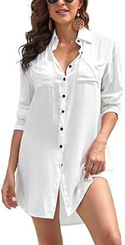 Feelwell Women's Swimwear Cover Ups Swimsuit Coverup for Women Loose Long Sleeve Beach Cover up Shirt (White,M)
