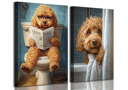 2Pcs Funny Bathroom Dog Canvas Wall