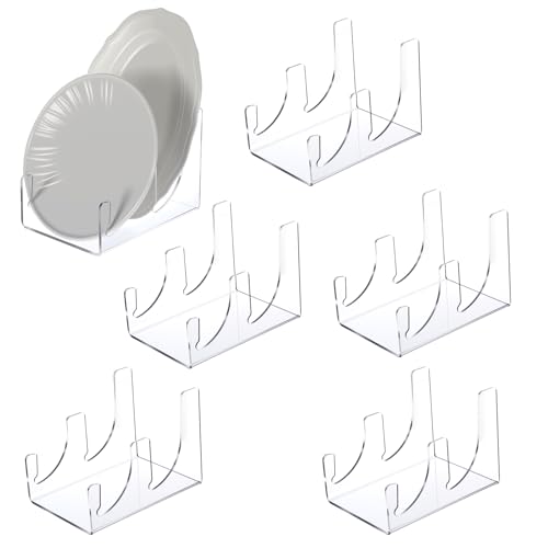 HOFURME 4 Pcs Plate Dinnerware Display Stand, 2-Tier China Platters Holder, Acrylic Plate Stands for Display Clear Kitchen Cabinet Organizer