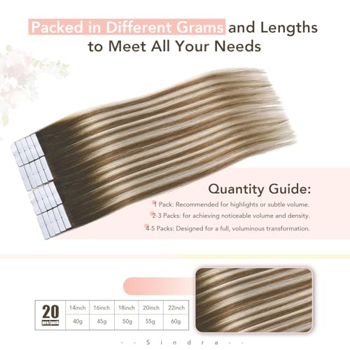 Image of Sindra Invisi Edge Tape in Extensions Human Hair #3 /8 /22 | 18 Inch 50g 20pcs, Walnut Brown to Ash Brown and Blonde, Invisible Tape in Hair Extensions, for Everyday Wear