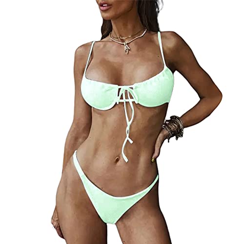 ZAFUL Womens Cheeky Ribbed Tie Side Draw String Bikini Set Smocked Two Pieces Swimwear Light Green