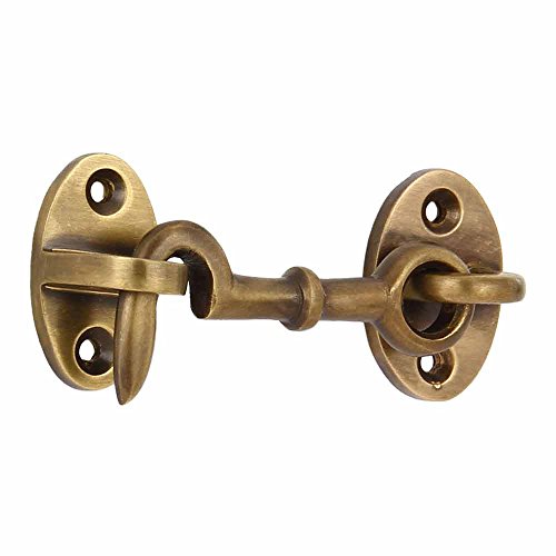 Image of A29 Solid Brass Cabin Hook, 2.75 inch Hook and Eye Latch for Cabin Door, Barn Door, Gate, Shed, Fence, Cabinet, Bathroom - Closet Window Sash Catch - Antique Brass Finish
