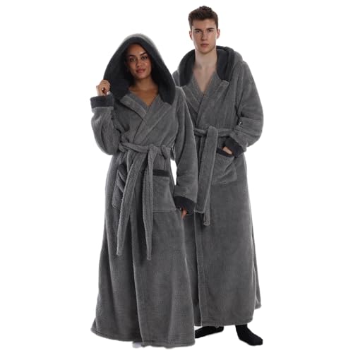 Gegeryozis Peignoir de Bain Homme Femme en Flanelle Polaire - Long et Chaud avec Capuche, Taille Unique pour Sortie de Bain, Spa, Maison - 2 Poches, Ceinture...