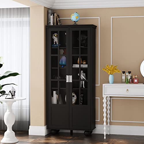 Image of DiDuGo Storage Cabinet Display Cabinet with Acrylic Glass Doors Bookcase with Doors & Shelves, Ball Support Legs, Black (31.5”W x 14”D x 72.3”H)