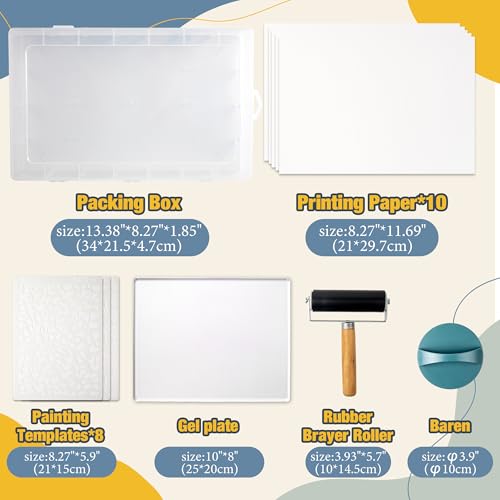 Funria Gel Printing Plate Kit with 8" X 10" Reusable Gel Printing Plate, Printing Paper, Baren, Stencils, Rubber Roller, Crafts Printmaking Supplies for Mixed Media Art Monoprinting Card Making - Image 3