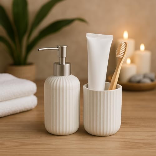 Image of LAGET Bathroom Accessories Set for Utility and Toothbrush Holder Bathroom Decor | Handwash Liquid Soap Dispenser Pump for Bathroom, Kitchen, Wash Basin, Sink Ribbed Design (White)