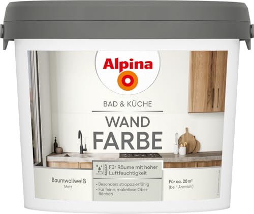 Alpina Bad & Küche Wandfarbe Baumwollweiß – matte Innenfarbe für Feuchträume, hohe Deckkraft & tropfgehemmt, streichfertige Wand- und Deckenfarbe für Bad & Küche – 2,5 L