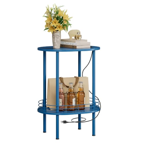 Image of Small Oval Side Table with Charging Station, 2-Tier Blue Round End Table