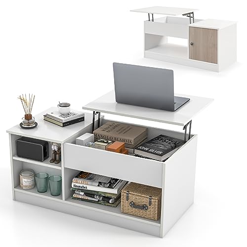 CASART Lift Top Coffee Table, Wooden Lifting Sofa Side Table with Hidden Compartment & Open Shelves, Home Office Tea Table Center Table for Living Room Bedroom