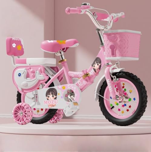 GRSMIS子供用 自転車 3-9歳 調節可能なシート 折りたたみ可能 おしゃれ ガール ボーイズ ユニセックス フェンダー付きキックスタンドハンドブレーキ 可愛い かわいい子供のギフト 誕生日プレゼント (ピンク +黒いタイヤ+折りたたみ式 + アップグ