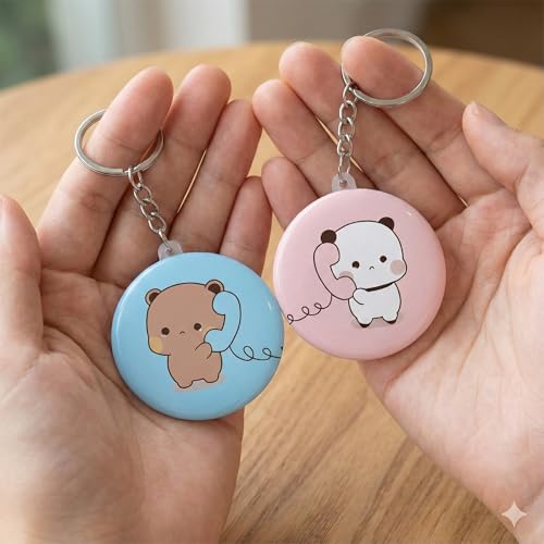Image of Babu Dudu Long Distance Relationship Couple Keychains - Cute Panda & Bear Talking on Phone | inchMiss You inch Kawaii Matching Keyring Set for Boyfriend, Girlfriend, Best Friends (Set of 2)