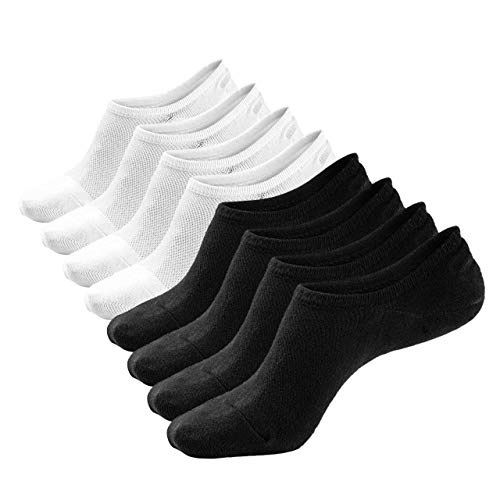 No Show Socks Low Cut Ankle Socks for Men & Women 8 Packs Black & White Non-Slip Grip Casual Cotton Socks Soft Moisture Wicking Durable Thin Breathable Invisible Size 6 7 9 10 11 12 14