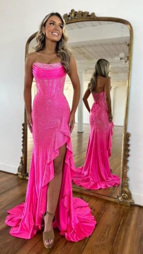 Mermaid Sparkly Prom Dresses with Slit Strapless Sequin Formal Evening Gown for Women3