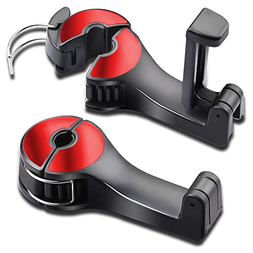 Image of Car Headrest Hook with Phone Holder, Universal 360 Rotation Headrest Hooks for Purses and Bags (Red)
