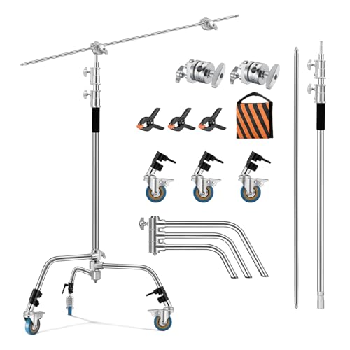 Soonpho Adjustable 10ft/3.3m Heavy Duty Light Stand with Boom Arm and Wheels,100% Stainless Steel Reflector C-Stand with Grip Head & Sandbag &Clamps,for Studio Video Reflector,Monolight,Softboxes
