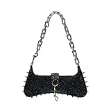Gothic Punk Handbag with Silver Chain Strap, Leather, Spiked Studs, Fashion Shoulder Bag (Black fine glitter)
