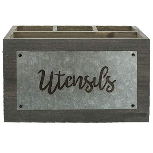 Mygift Vintage Gray Solid Wood Utensil And Napkin Holder Serving Caddy With Rustic Handles And Galvanized Panel With Utensils Cutout Design #TOP6