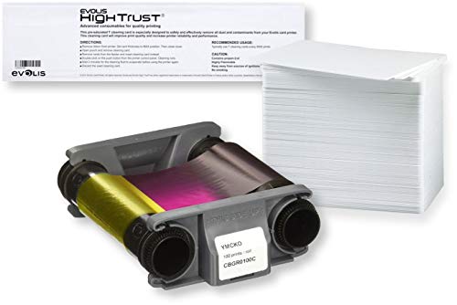 Karteo Evolis Badgy Kit de Cinta de Transferencia de Color YMCKO [ CBGR0100C ] | con 100 Tarjetas de plástico y Tarjeta de Limpieza en «T Cover