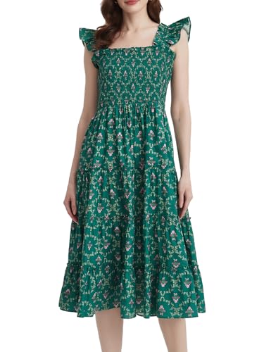 LifeShe Women Summer Floral Midi Flowy Dress Square Neck Smocked Flutter Sleeve Tiered Beach Boho Wedding Guest Dresses