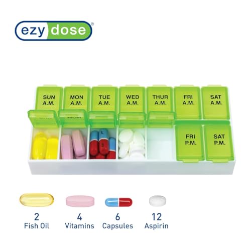 Image of EZY DOSE Weekly AM /PM Daily Pill Case, Medicine Planner, Vitamin Organizer, Fish Oil Holder, Supplements Container, Medium Compartments, 2 Times a Day, Color May Vary (Randomly Selected), BPA Free